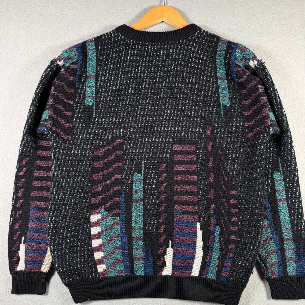 Vintage Jantzen Mens Abstract Geometric Knit Sweater Black Teal Purple Medium